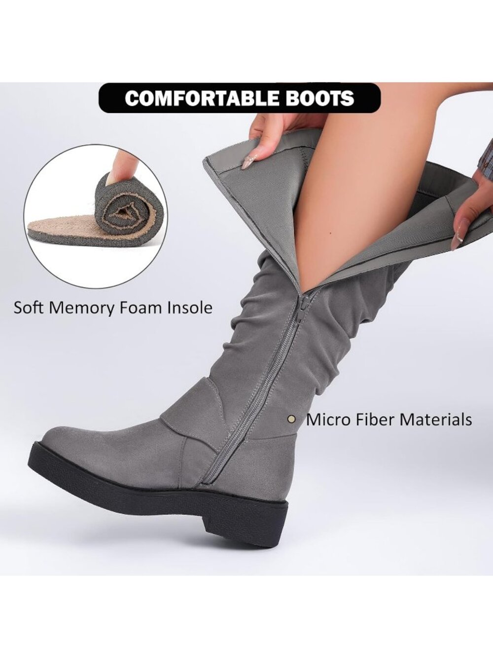 Women's Grey  Leather Rubber Slouchy Knee High Comfortable Stylish Tall Boots - Picture 4 of 6